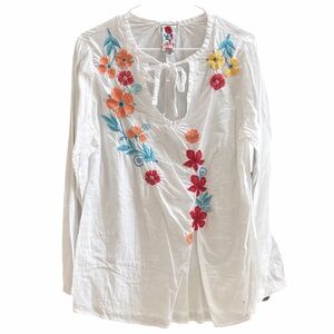 Johnny Was Santorini Floral Embroidered Peasant Tunic Top White M